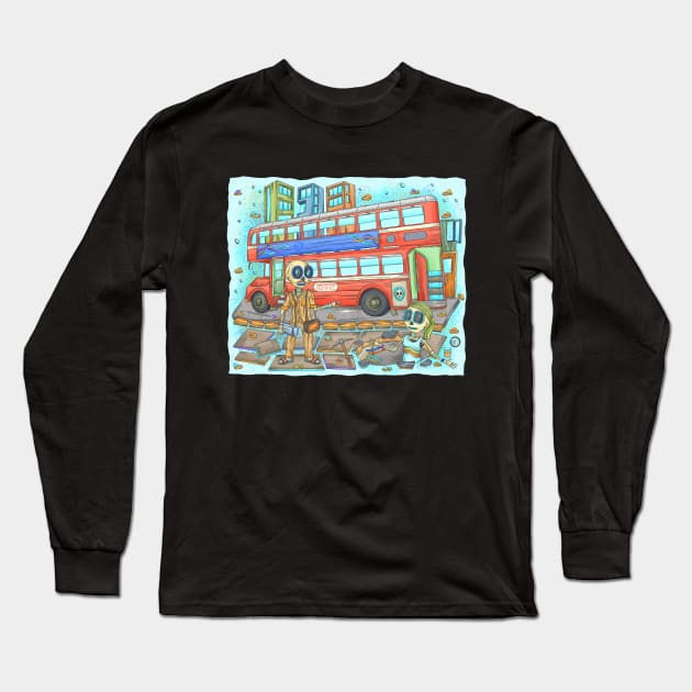Cute Skeletons - Día De Los Muertos - Mumba City- Red Double Decker Bus Long Sleeve T-Shirt by Scriptnbones